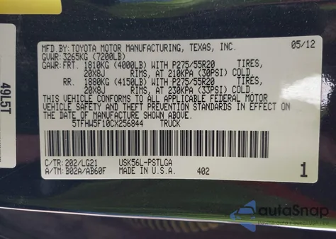 2012 Toyota Tundra Limited 5.7L V8 from USA, damaged, VIN 5TFHW5F10CX256844
